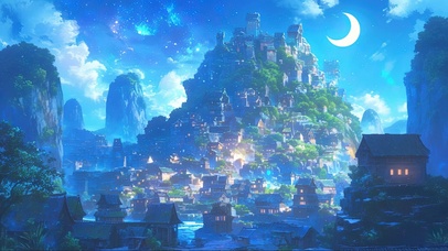 梦幻月下山谷小镇