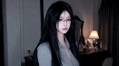 清冷黑长直眼镜美女