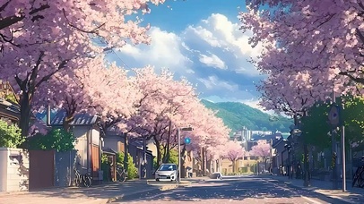 樱花树木街道带鱼屏