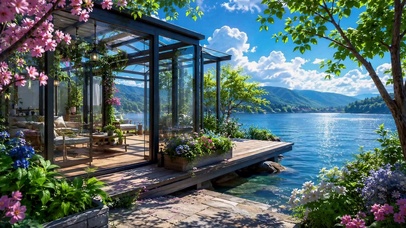 静谧湖畔花房清新治愈风景