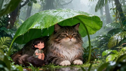 躲雨大猫与小女孩
