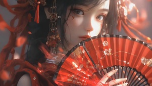 红衣折扇古风美女