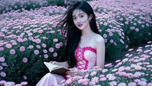 花丛中看书的红花边裙清纯美女1