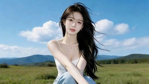 蓝天下草地女孩