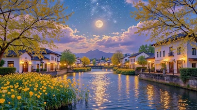 星空月夜河畔小镇风光