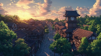 绿色夏日傍晚古镇钟楼