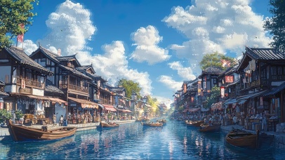 蓝天白云溪流古风小镇