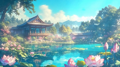 蓝天古风庭院荷塘