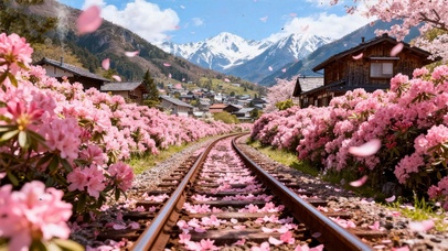 蓝天白云樱花树木