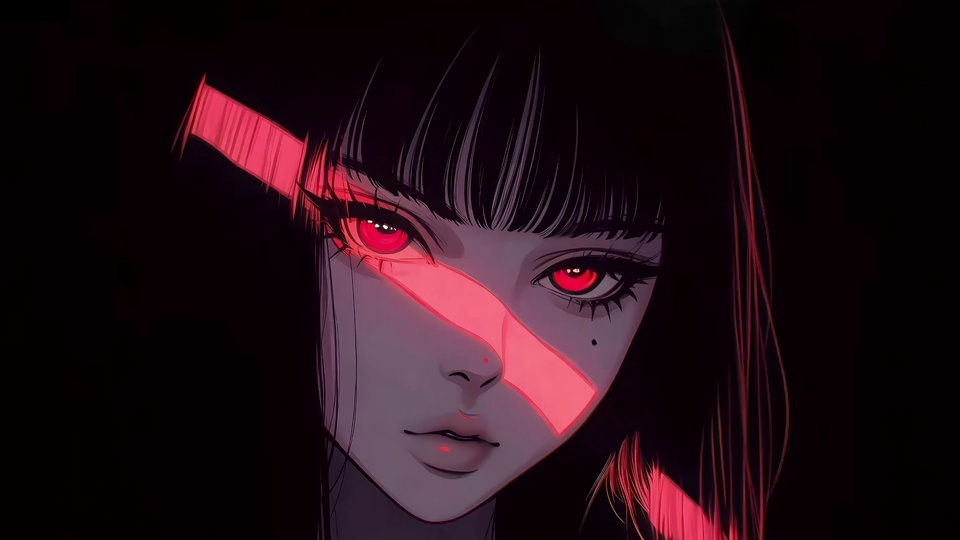 暗黑背景下的二次元少女脸部特写，斜向粉红光带穿过脸颊，长睫毛红眼，黑发边缘泛粉红光。