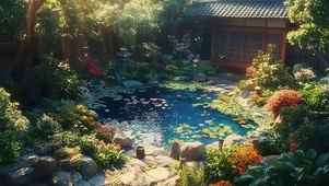 绚烂庭院静谧荷花池塘