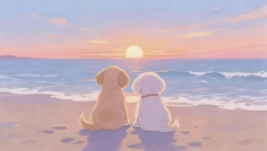 海边狗狗看晚霞