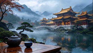 国风山水宗门雨景