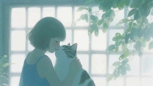 窗边猫与女孩