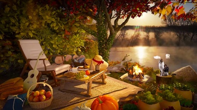 清晨阳光河边露营