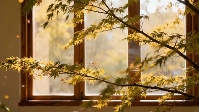秋日窗外唯美治愈秋风落叶夕阳