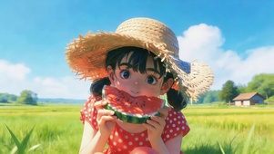 夏日吃西瓜的女孩