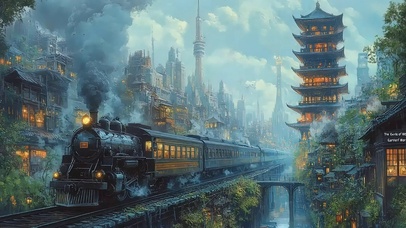 阴天山林古城蒸汽火车