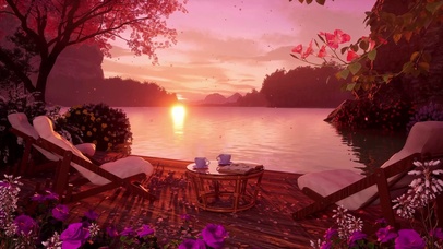 唯美夕阳湖畔落花