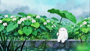 荷叶伞下赏雨听蛙