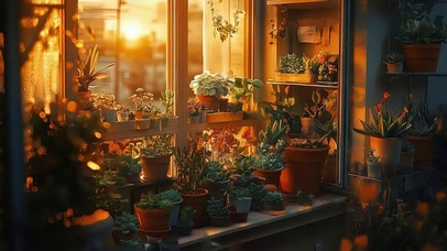 阳光黄昏植物温馨窗台