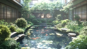 绿色夏日庭院清新鱼池