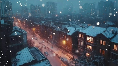 白雪纷飞温馨城市街道
