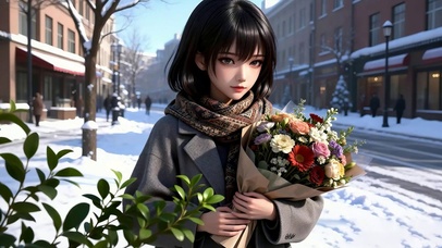 雪天手捧鲜花女孩
