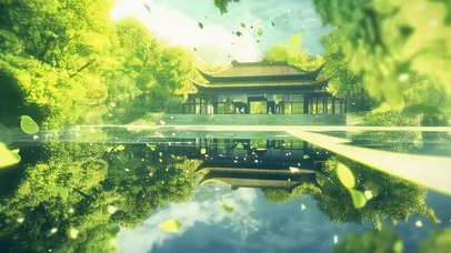 清新绿色夏日古亭倒影