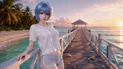 海边夕阳蓝发绫波丽