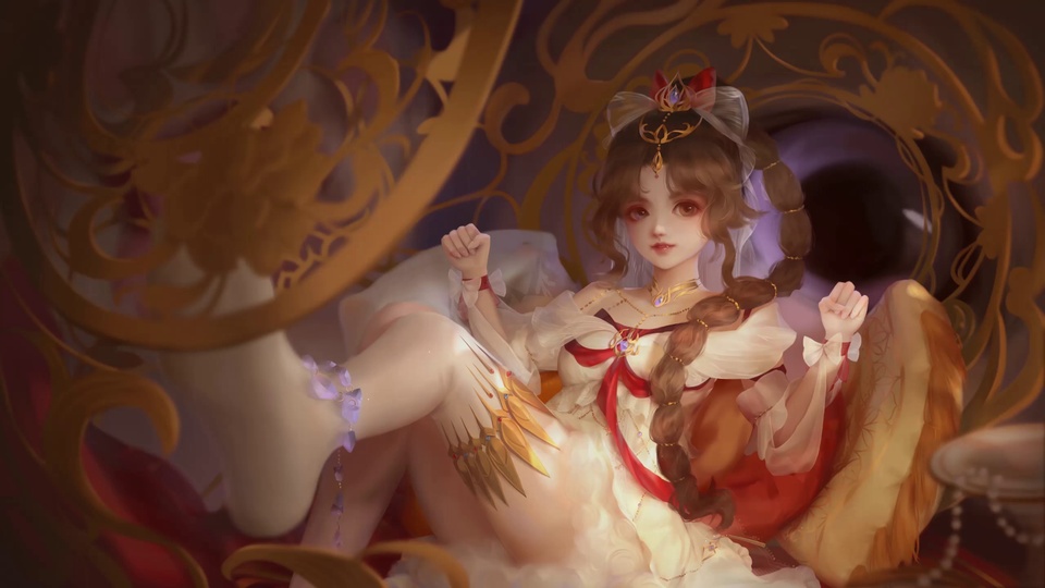 暖调厚涂二次元插画，少女斜倚软垫，周围环绕金色雕花装饰