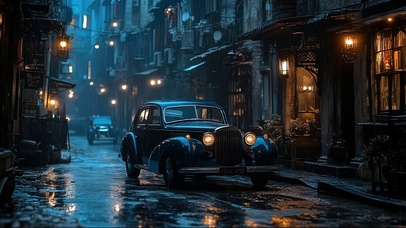 复古蓝调雨夜后巷汽车