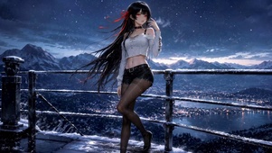 雪夜山景少女