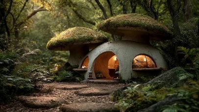 静谧绿色森林洞穴小屋