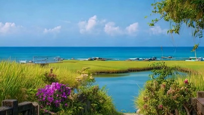 蓝天白云树木海景带鱼屏