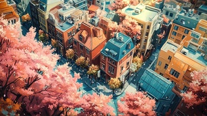 俯瞰粉樱英伦建筑街道