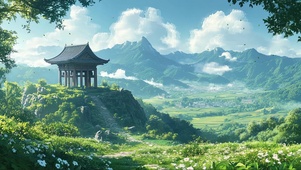 绿色草原山顶古亭风景