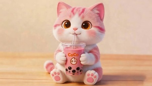 萌宠猫咪喝着奶茶