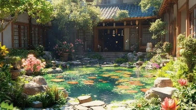 夏日古风庭院清新池塘