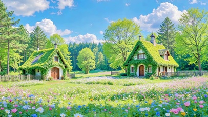 绿色草地森林小屋