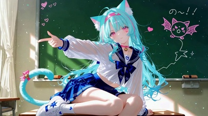 教室猫耳蓝发JK美少女