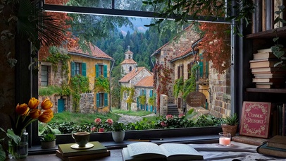 窗外雨天山下小镇