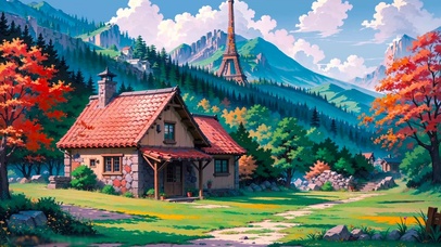 治愈秋景山下小屋