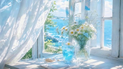 治愈海边窗台鲜花
