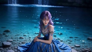 瀑布下清澈见底的清湖旁的美女