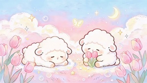 软萌小羊治愈风水彩郁金香云朵