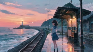落日海边车站