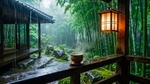 竹林木屋雨景