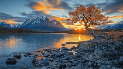 秋日静谧草原湖泊