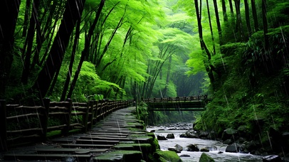 雨中绿林流水